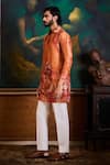 Histori_Orange Dupion, Cotton, Lycra Printed Kurta And Pant Set _Online_at_Aza_Fashions