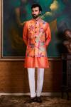 Buy_Histori_Orange Dupion, Cotton, Lycra Printed Bundi And Kurta Set _at_Aza_Fashions