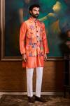 Histori_Orange Dupion, Cotton, Lycra Printed Bundi And Kurta Set _Online_at_Aza_Fashions