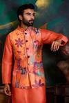 Buy_Histori_Orange Dupion, Cotton, Lycra Printed Bundi And Kurta Set _Online_at_Aza_Fashions