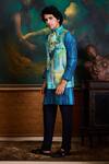 Histori_Blue Dupion, Cotton, Lycra Geometric Print Bundi Kurta Set _Online_at_Aza_Fashions