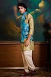 Histori_Teal Dupion, Cotton, Silk Printed Bundi Kurta Set  _Online_at_Aza_Fashions