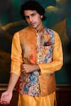 Histori_Orange Dupion, Cotton, Silk Printed Poly Bundi Kurta Set _Online_at_Aza_Fashions