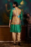Shop_Histori_Orange Dupion, Cotton, Silk Printed Bundi Kurta Set _at_Aza_Fashions