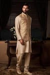 Histori_Beige Tussar, Silk, Cotton Embroidery Gicha Kasab Bundi Kurta Set _Online_at_Aza_Fashions