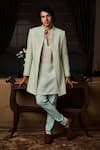 Buy_Histori_Mint Silk, Chanderi Silk, Cotton, Lycra Embroidery, Beads Raw Sherwani Set _at_Aza_Fashions