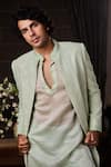 Shop_Histori_Mint Silk, Chanderi Silk, Cotton, Lycra Embroidery, Beads Raw Sherwani Set _Online_at_Aza_Fashions