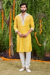 Buy_Histori_Yellow Silk, Cotton Beads, Embroidery Shibori Tie-dyed Kurta And Churidar Set _at_Aza_Fashions