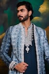 Shop_Histori_Teal Silk, Satin Beads, Embroidery Shibori Tie-dyed Sherwani Jacket Set _Online_at_Aza_Fashions