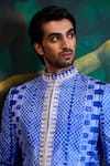 Histori_Blue Silk, Satin Beads, Embroidery Shibori Tie-dyed Sherwani Set _at_Aza_Fashions