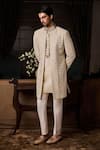 Buy Histori Beige Silk, Cotton, Lycra Embroidery, Beads Geometric Sherwani Set at Aza Fashions Buy_Histori_Beige Silk, Cotton, Lycra Embroidery, Beads Geometric Sherwani Set _at_Aza_Fashions