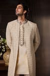 Shop Histori Beige Silk, Cotton, Lycra Embroidery, Beads Geometric Sherwani Set Online at Aza Fashions Shop_Histori_Beige Silk, Cotton, Lycra Embroidery, Beads Geometric Sherwani Set _Online_at_Aza_Fashions