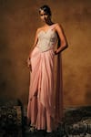 Buy_Mukta Sabharwal_Beige Georgette, Crepe Beads, Leher Embroidered Pre-draped Saree With Corset _Online_at_Aza_Fashions