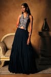 Buy_Mukta Sabharwal_Navy Tulle, Georgette, Crepe Embroidery, Zari Halter Blouse With Layered Lehenga _at_Aza_Fashions