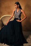 Shop_Mukta Sabharwal_Navy Tulle, Georgette, Crepe Embroidery, Zari Halter Blouse With Layered Lehenga _at_Aza_Fashions