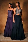 Shop_Mukta Sabharwal_Navy Tulle, Georgette, Crepe Embroidery, Zari Halter Blouse With Layered Lehenga _Online_at_Aza_Fashions
