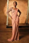 Buy_Mukta Sabharwal_Peach Georgette, Tulle Embroidery Zehan Printed Pre-stitched Saree With Blouse _at_Aza_Fashions