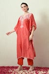 OHH CROW_Orange , Chanderi Embroidery V-neck Bandhani Print Kaftan And Pant Set _Online_at_Aza_Fashions