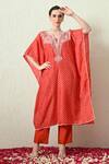 Buy_OHH CROW_Orange , Chanderi Embroidery V-neck Bandhani Print Kaftan And Pant Set _at_Aza_Fashions
