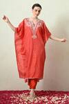 Shop_OHH CROW_Orange , Chanderi Embroidery V-neck Bandhani Print Kaftan And Pant Set _Online_at_Aza_Fashions