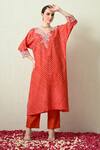 Buy_OHH CROW_Orange , Chanderi Embroidery V-neck Bandhani Kaftan And Pant Set _at_Aza_Fashions