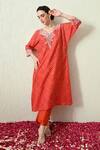 OHH CROW_Orange , Chanderi Embroidery V-neck Bandhani Kaftan And Pant Set _at_Aza_Fashions
