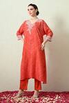 Buy_OHH CROW_Orange , Chanderi Embroidery V-neck Bandhani Kaftan And Pant Set 