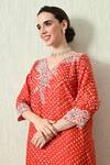 Shop_OHH CROW_Orange , Chanderi Embroidery V-neck Bandhani Kaftan And Pant Set 