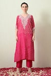 Buy_OHH CROW_Pink , Chanderi Embroidery, Zari V-neck Bandhani Kaftan And Pant Set _Online_at_Aza_Fashions