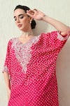 Shop_OHH CROW_Pink , Chanderi Embroidery, Zari V-neck Bandhani Kaftan And Pant Set _Online_at_Aza_Fashions