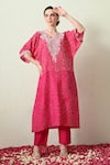 Buy_OHH CROW_Pink , Chanderi Embroidery, Zari V-neck Bandhani Kaftan And Pant Set _at_Aza_Fashions