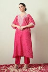OHH CROW_Pink , Chanderi Embroidery, Zari V-neck Bandhani Kaftan And Pant Set _at_Aza_Fashions