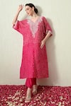 Shop_OHH CROW_Pink , Chanderi Embroidery, Zari V-neck Bandhani Kaftan And Pant Set 