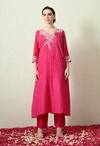 Buy_OHH CROW_Pink Chanderi Silk Embroidery V-neck Bandhani Kaftan And Pant Set _Online_at_Aza_Fashions