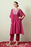 Buy_OHH CROW_Magenta , Chanderi Embroidery, Sequins Bandhani Kaftan And Pant Set _at_Aza_Fashions