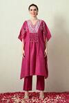 OHH CROW_Magenta , Chanderi Embroidery, Sequins Bandhani Kaftan And Pant Set _Online_at_Aza_Fashions