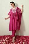 Buy_OHH CROW_Magenta , Chanderi Embroidery, Sequins Bandhani Kaftan And Pant Set _Online_at_Aza_Fashions