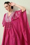 Shop_OHH CROW_Magenta , Chanderi Embroidery, Sequins Bandhani Kaftan And Pant Set _Online_at_Aza_Fashions