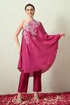 Buy_OHH CROW_Magenta , Chanderi Embroidery One Shoulder Bandhani Kaftan And Pant Set _at_Aza_Fashions