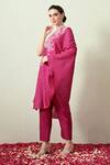 OHH CROW_Magenta , Chanderi Embroidery One Shoulder Bandhani Kaftan And Pant Set _at_Aza_Fashions