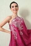 Buy_OHH CROW_Magenta , Chanderi Embroidery One Shoulder Bandhani Kaftan And Pant Set 