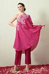 Shop_OHH CROW_Magenta , Chanderi Embroidery One Shoulder Bandhani Kaftan And Pant Set 