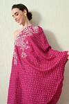 OHH CROW_Magenta , Chanderi Embroidery One Shoulder Bandhani Kaftan And Pant Set _Online