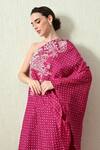 Buy_OHH CROW_Magenta , Chanderi Embroidery One Shoulder Bandhani Kaftan And Pant Set _Online