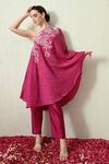 Shop_OHH CROW_Magenta , Chanderi Embroidery One Shoulder Bandhani Kaftan And Pant Set _Online