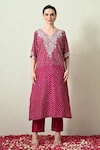 Shop_OHH CROW_Magenta Chanderi Silk Embroidery, Zari V-neck Bandhani Kaftan And Pant Set _Online_at_Aza_Fashions