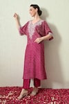 OHH CROW_Magenta Chanderi Silk Embroidery, Zari V-neck Bandhani Kaftan And Pant Set _at_Aza_Fashions