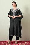 Buy_OHH CROW_Black , Chanderi Embroidery V-neck Bandhani Print Kaftan And Pant Set _Online_at_Aza_Fashions