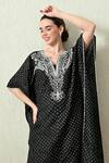 OHH CROW_Black , Chanderi Embroidery V-neck Bandhani Print Kaftan And Pant Set _at_Aza_Fashions