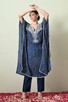 Buy_OHH CROW_Navy , Chanderi Embroidery V-neck Printed Kaftan And Pant Set _at_Aza_Fashions